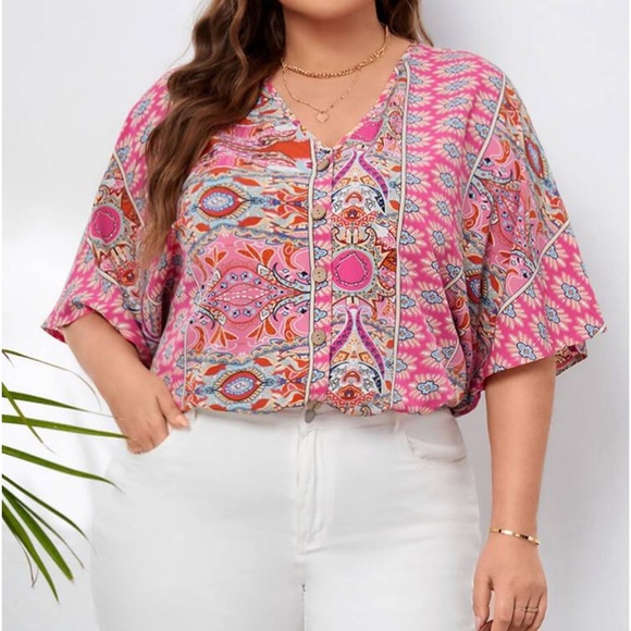 Tops - Boho Plus Size Paisley Print Top Blouse Shirt Pink